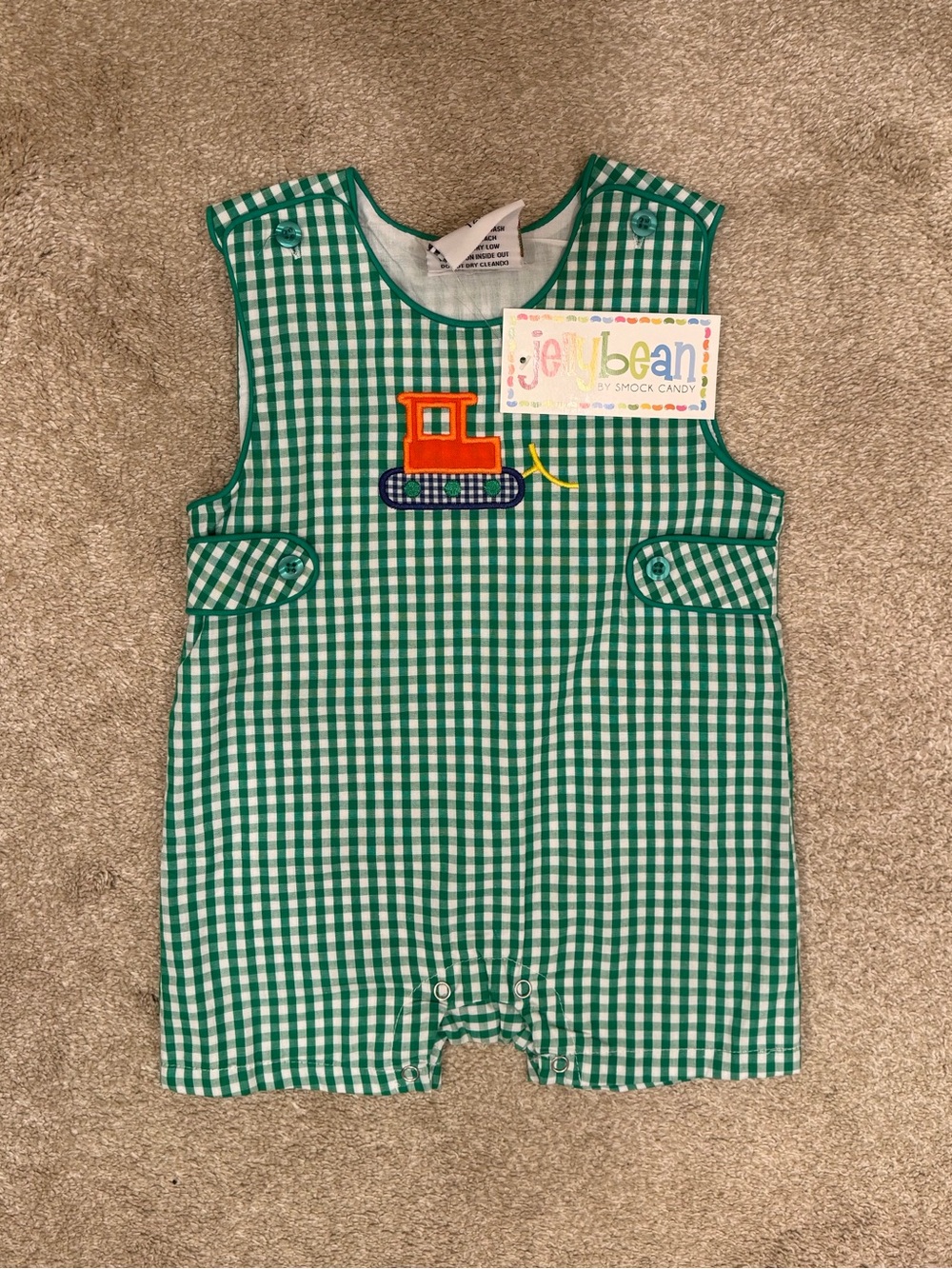 Jellybean Green Gingham Boys' Romper/John John with Construction Applique